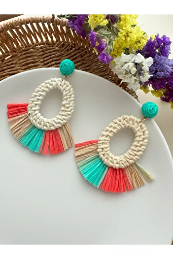 Pelin Aksesuar Large Earrings - Colored and Tasseled Raffia