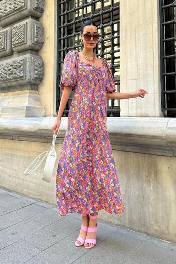 FOR YOU MODA Natural Viscose Neck Tied Patterned Long Lilac Dress