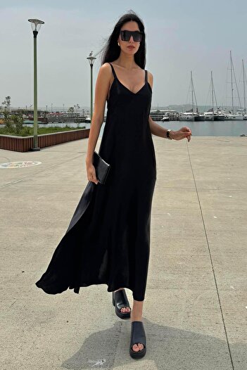 FOR YOU MODA Strappy Satin Slit Black Dress
