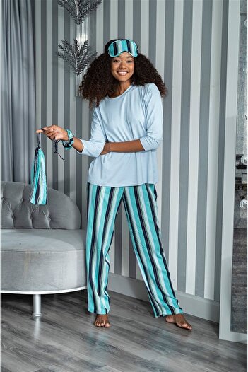 for you sleepwear Set de pijama cu mânecă lungă din 2 piese, în dungi, din viscoză, albastră