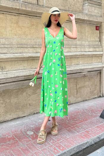 FOR YOU MODA Natural Viscose V-neck Patterned Waist Tied Long Green Dress