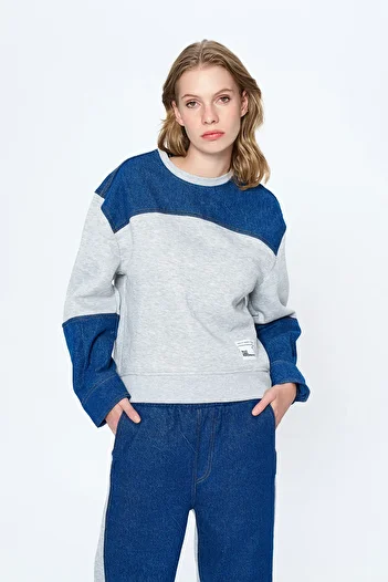 Quzu Denim Detailed Sweatshirt Gray