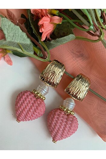 Pelin Aksesuar Pink Heart and Baroque Pearl Design Earrings