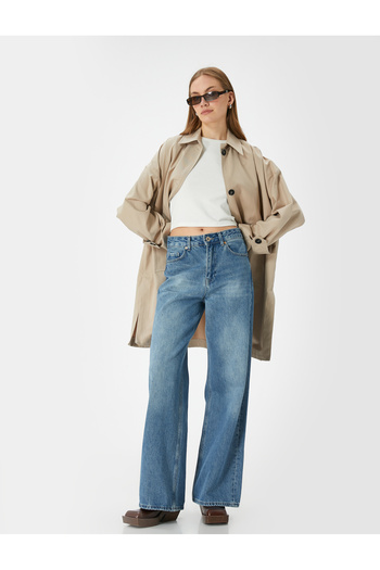 Koton Oversize Double Breasted Trench Coat - Buttoned and Pocket Detailed