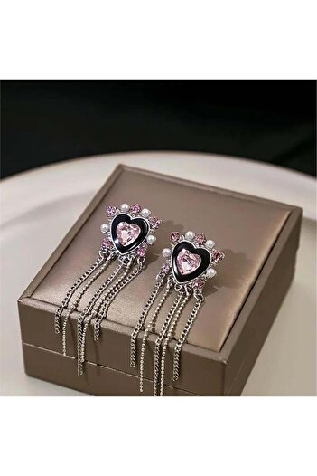 Pelin Aksesuar Pink Crystal Chain Dangle Heart Earrings