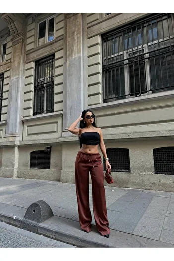 LB Laluna Butik Women's Satin Elastic Draped Palazzo Trousers
