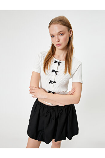 Koton Crew Neck Slim Fit Cardigan - Bow Detail, Snap Button, Short Sleeve