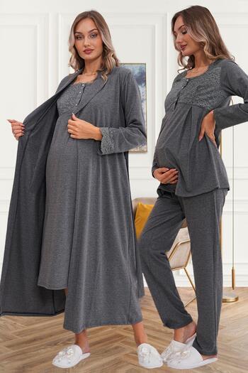 Mecit Pijama Maternity-Maternity Dressing Gown and Long Sleeve Viscose Nightgown and Pajamas Set - Set of 4