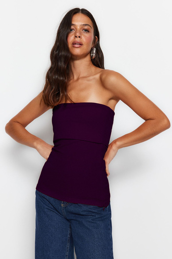 Trendyol Collection Bluzka z krepy bez ramiączek - śliwka, zamek błyskawiczny z boku, dzianina, Twoss23Bz00928