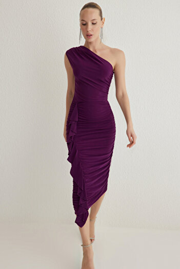 Trendyol Collection Rochie șic tricotată din tul cu decupaj/fereastră, așezată pe corp de prune TPRSS25EL00004