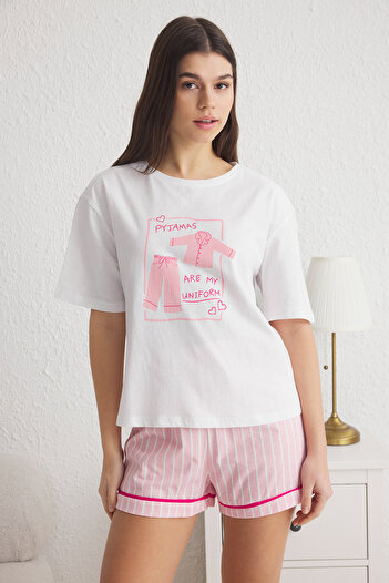 Trendyol Collection White-Pink Printed Single Jersey Knitted Pajamas Set Thmss25Pt00115