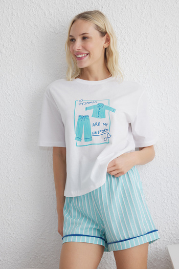 Trendyol Collection White-Blue Plain Single Jersey Knitted Pajamas Set Thmss25Pt00115