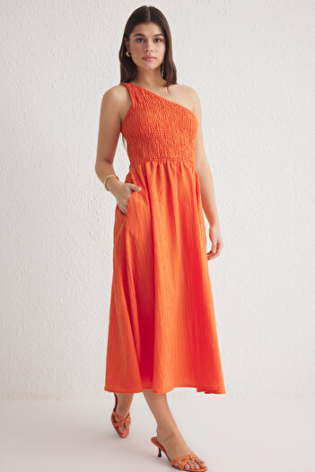 Trendyol Collection Orange Waist Opening Gipeli Single Sleeve Midi Woven Dress Twoss23El01830