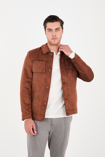 Frappoli Dügmeli Spor Erkek Slim Fit Süet Trençkot-Mont