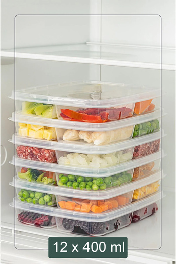 KRM HOME 400 ml Mini Frozen Storage Container - 12 Pieces, 4 Compartments, Meat and Vegetable Organizer