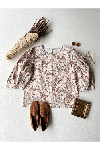 KÜÇÜĞÜM BUTİK Pastel Patterned Balloon Sleeve Poplin Blouse