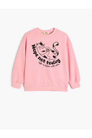 Koton Cat Printed Long Sleeve Cotton Crew Neck Sweatshirt
