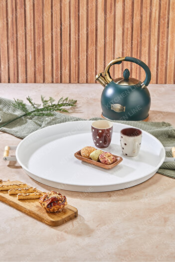 B.A.Y.NUVOLA 51 cm Large Size Metal Tray with Wooden Handle - Tea Coffee Presentation Tray White