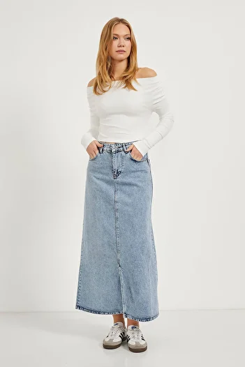 Arma Life Fusta de denim lungă albastră de vară de bază pentru femei, cu buzunare