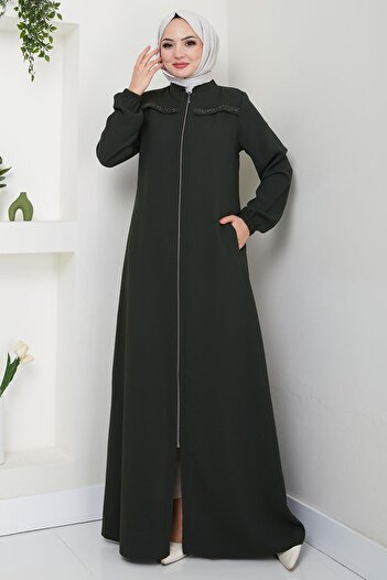 hafsamina Khaki Ferace - Gala Stone Detailed, Model Hm2313