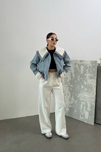 msm fashion Γυναικείο παλτό Κοντό βελούδινο τζιν μπουφάν με φαρδύ γιακά με φερμουάρ και ελαστική μέση