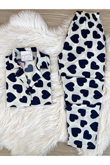 Pijamacs Navy Blue Heart Print Short Sleeve Shirt Collar Knitted Pajamas Set