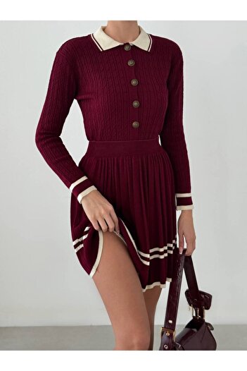 Lusin Claret Red Women's Polo Collar Sweater and Skirt Stylish Knitwear Set