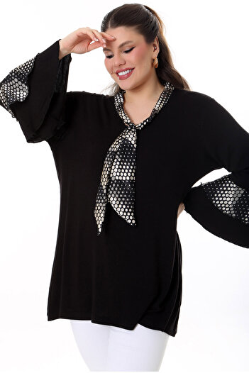 Kheos Flounced Long Spanish Sleeve Bow V-neck Sleeve and Bows Polka Dot Lycra Flowing Comfortable Blouse