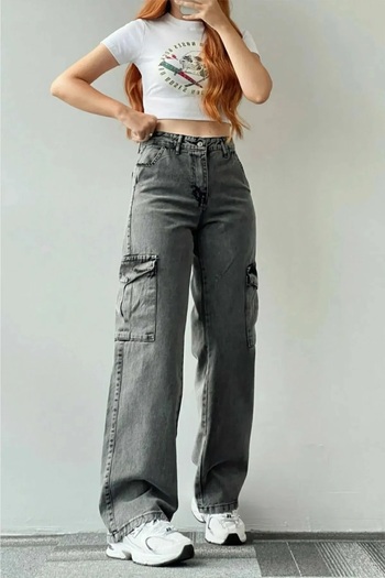 LAMİRA Women's Smoked Snow Lira Cargo Pocket Palazzo Wide Leg Without Back Pocket