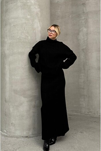 Havoş Black Knitted Fisherman Sweater Skirt Set