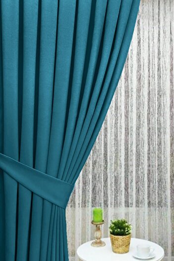 İ.D İpek Dokuma Petrol Blue Pleated Velvety Background Curtain High Quality Single Wing