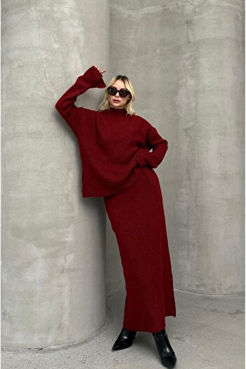 Havoş Dark Red Knitted Fisherman Sweater Skirt Set