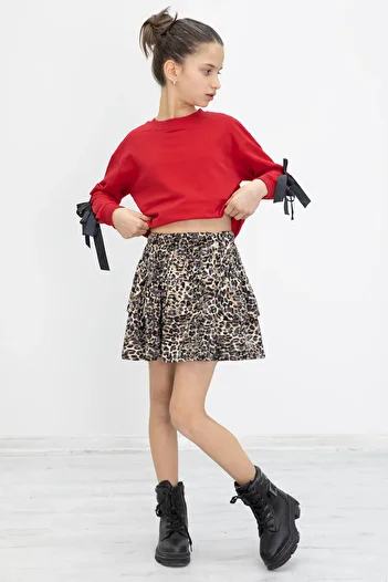 Cansın Mini Red Sleeves Bow Detailed Badi Leopard Skirt Girls' Suit 20188