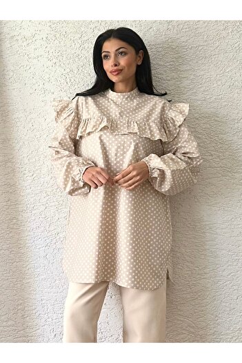 KÜÇÜĞÜM BUTİK Cream Polka Dot Shoulder Ruffle Poplin Tunic