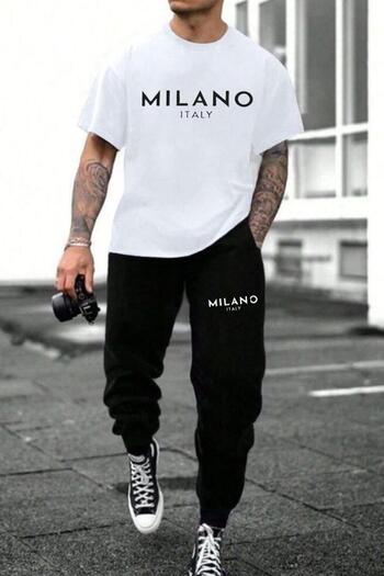 NO 601 Men's White Milano Printed Bottom Top Set