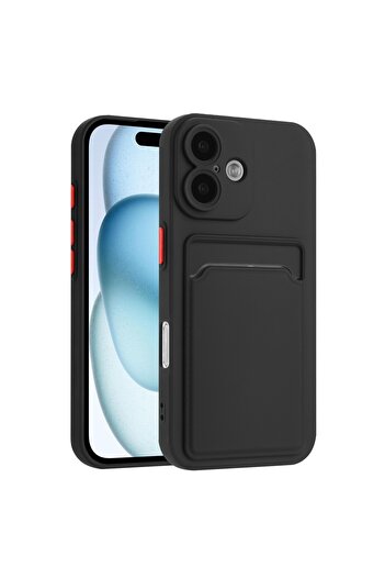 Fibaks Apple iPhone 16 Case Black Silicone Cover with Camera Protection, Back Card Holder, Wallet and Red Button