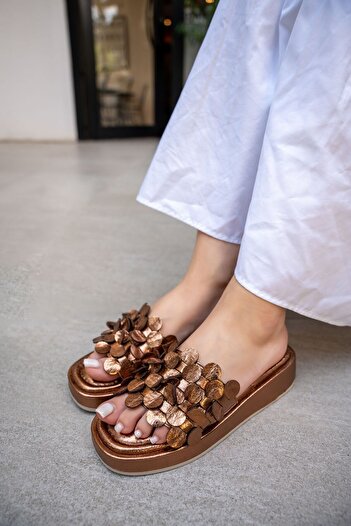 LAMİNTA Manje Copper Tassel Detailed 4cm Special Thick Sole Women's Slippers