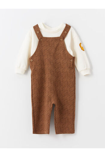LC Waikiki Dark Brown Square Collar Straps Baby Boy Salopet and T-Shirt Set of 2