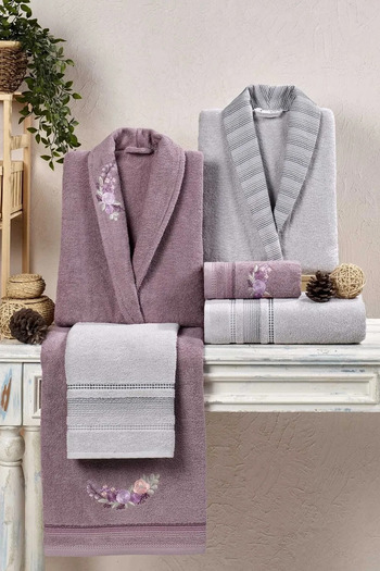 Taç Crystal soft cotton embroidered 6 piece family bathrobe set - gray - lilac