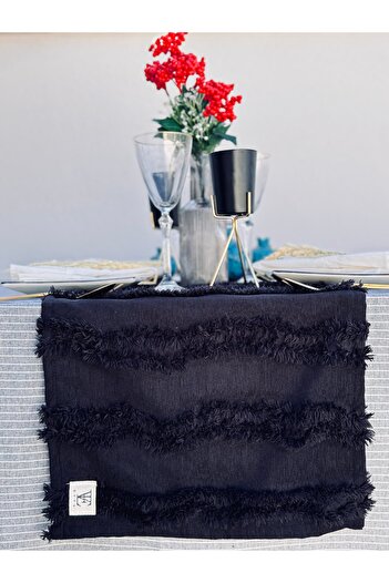 EVYA Black Punch Embroidered Runner - 40X110 Cm, Washable, for Table and Table, American Service