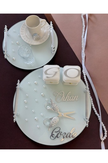 CyzHome Beloved Silver White and Pearl Engagement and Groom Tray - Coffee Cup Tray 1