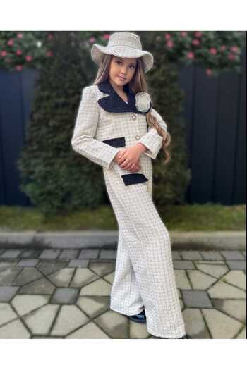 By Feyza Kids Collection By Feyza Girl's Plaid Jacket,Pants Set-Hat and Rose Brooch Included-Winter Classic Combination-5-12 Years