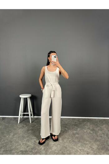 Gaus Linen Jumpsuit - Corel Stone and Belt Detail