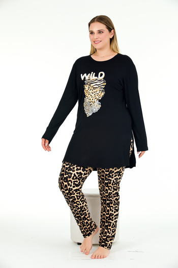 tarzımsüper Women's Plus Size Letter Printed Long Sleeve Black Wild Bottom Top Pajamas Set