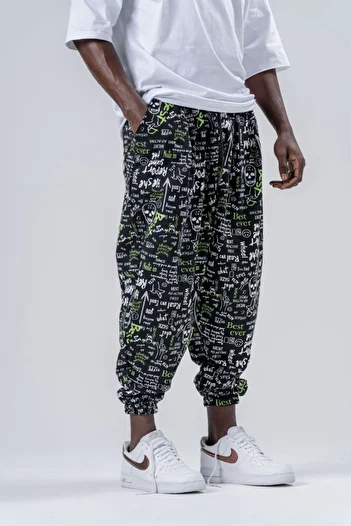 Superbluemexico Men's Patterned Elastic Green Baggy Trousers