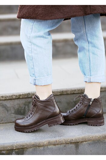 EREN SHOES BAG (VELMA) Μποτάκια από γνήσιο δέρμα καφέ με κορδόνια και φερμουάρ με ορθοπεδική αντιολισθητική σόλα από καουτσούκ