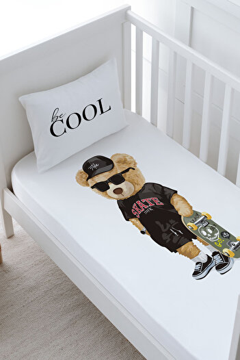 Tuğba Kuğu Baby Size Fitted Sheet Set - Pure Baby Series - Skateboarded Teddy Bear