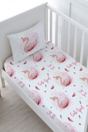 Tuğba Kuğu Pink Background Baby Bed Sheet Set - Elastic, for Baby Series - Swan