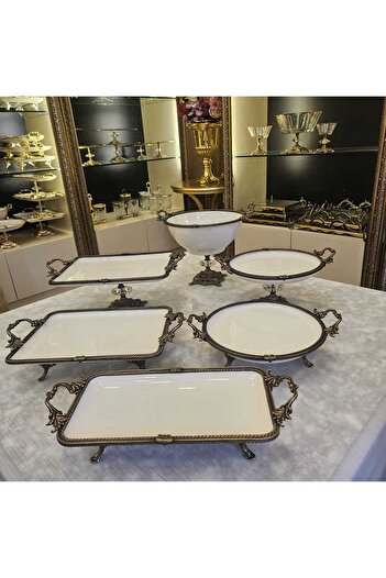 MaviDamla 6 Pieces Porcelain Presentation Set Antique with Handle Casted Edge Framed Foot