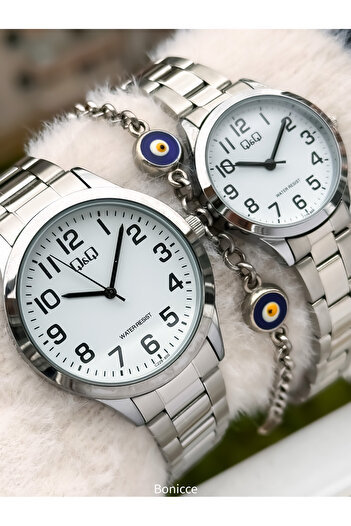Q&Q Brand Silver Color Steel Band,White Dial, Numeral Lover Watch + Bracelet Rosary